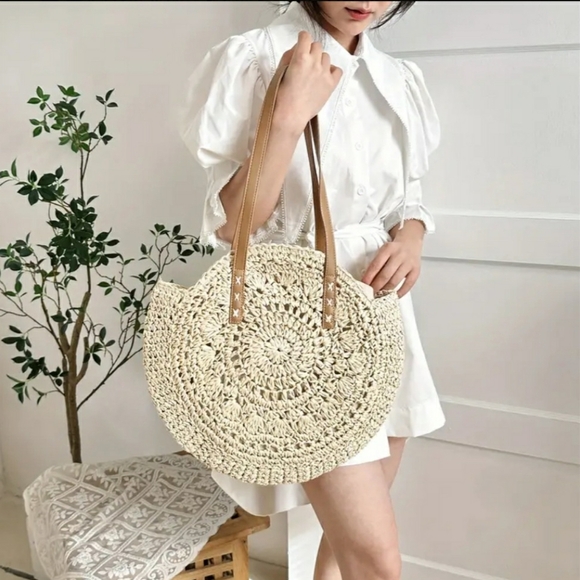Heart4kids Handbags - Straw Woven Tote Bag Double Handle Creamy White